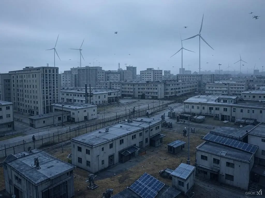 Dystopijne miasto z blokami mieszkalnymi, turbinami wiatrowymi i panelami słonecznymi. Na niebie unoszą się liczne drony, a na ziemi widoczne są humanoidalne roboty.